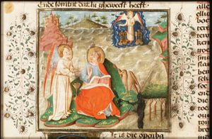The Evangelist St. John with his symbol the eagle on Patmos, the devil stealing the ink-well: vision of the appearance of the Son of Man