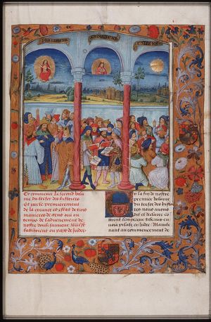 Discussion between the Pharisees, Sadducees and Essenes; Majestas Domini (background); Mozes with the Tables of the Law (background); Sun (background)