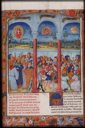 Discussion between the Pharisees, Sadducees and Essenes; Majestas Domini (background); Mozes with the Tables of the Law (background); Sun (background)