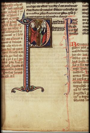 St. Paul, holding a cross, speaking to the Romans