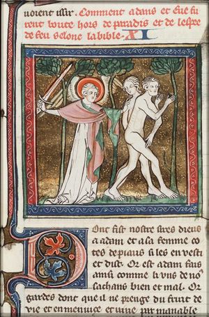 Expulsion of Adam and Eve from paradise by an angel with a (flaming) sword