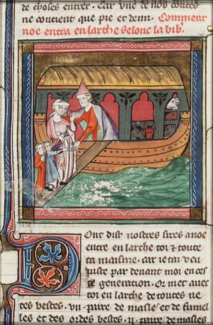 Noah enters the ark with his family and the animals