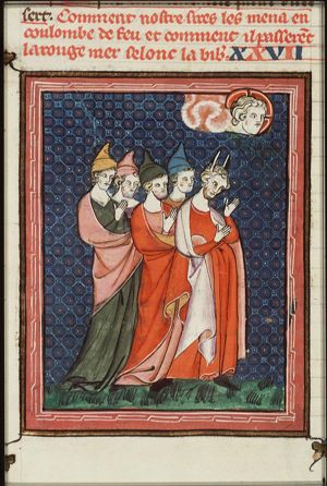 The Israelites are led out of Egypt by God in a pillar of fire