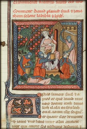 The death of Saul; the Amalekite messenger brings David the message of Saul's death and is put to death by one of David's soldiers