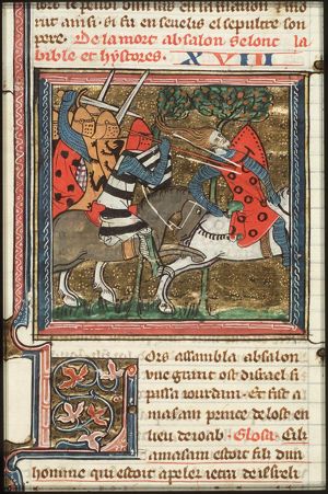 The death of Absalom: hanging by his hair in an oak-tree, he is pierced by Joab