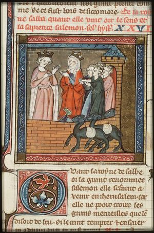Solomon receiving the queen of Sheba, who is bringing gifts