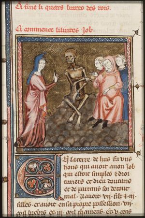 Job on the dung-hill is tormented by his wife and comforted by his friends