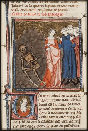 Job on the dung-hill is tormented by his wife and comforted by his friends
