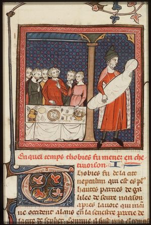 Tobias tells Tobit of a dead man in the street, Tobit leaves the banquet and buries the dead in secret
