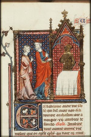 Daniel, who refuses to worship Bel, in discussion with King Cyrus