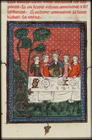 The feast of Ahasuerus: he gives a banquet; the vine in the garden is made of silver, gold and precious stones