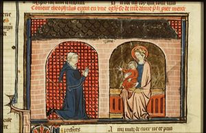 Theophilus praying to Mary in a church