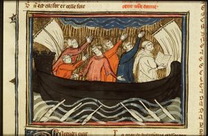 Legend of the abbot and his company, praying to Mary during a storm on sea