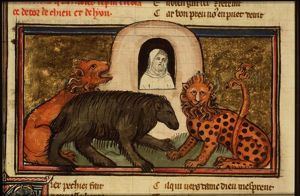 Legend of the hermit surrounded by devils in the shape of a bear, a lion and a leopard