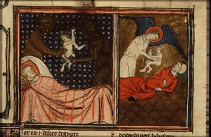 Legend of the hermit who saw a good and a bad soul ascending from two dead men