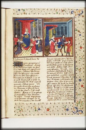Unidentified scene of a king or an emperor who may be settling a dispute or consulting his advisers(?): a man kneels before him, holding an open book; of a group of four men one is also holding an open book.