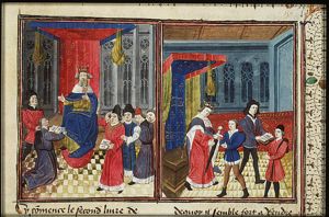 Unidentified scene of a king or an emperor who may be settling a dispute or consulting his advisers(?): a man kneels before him, holding an open book; of a group of four men one is also holding an open book.