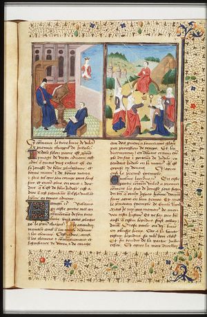 Two men reading; a woman, wearing a crown, and standing in the water or perhaps emerging from it, is seen through a window (1st of 2)