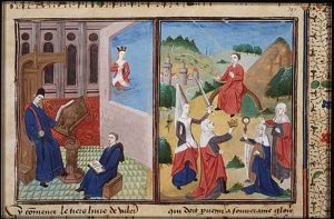 Two men reading; a woman, wearing a crown, and standing in the water or perhaps emerging from it, is seen through a window (1st of 2)