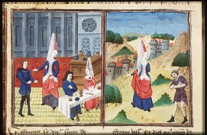 A woman is introducing a man to a couple sitting at a laid table (1st of 2)