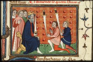 The moderation of consul Valerius Publicola who whittled down his own power to give more freedom to the community: two men, holding their sword by the tip of the blade, kneeling before an enthroned ruler
