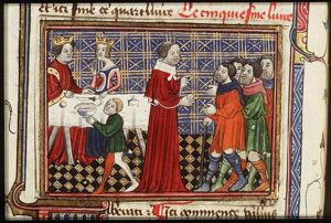 A king and queen being served at a laid table and a man giving alms (or freeing slaves?)