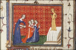 Three women kneeling in front of the statue of Vesta(?); a woman (Lucretia) committing suicide by stabbing herself with a sword