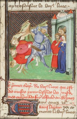 M. Horatius killing his sister for rebuking him about the death of one of the Curiatii, with whom she was betrothed; Horatius was condemned by Tullus and the Senate but acquitted after appealing through his father to the people for trial
