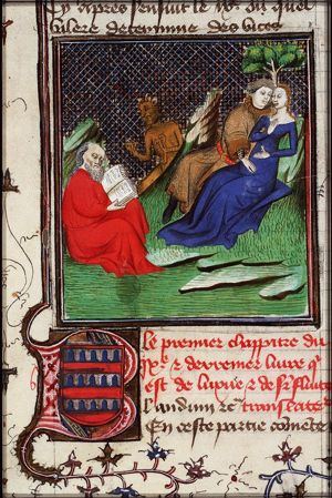 Luxury and Lust: a couple of lovers; an old man reading, approached by a devil