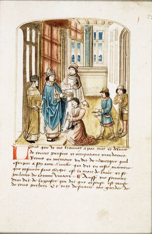 An emperor, probably Maximilian I, bestows an order of chivalry on a kneeling man
