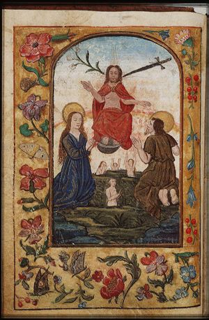 The Last Judgement: Christ on a rainbow raises the dead in the presence of Mary and St. John the Baptist