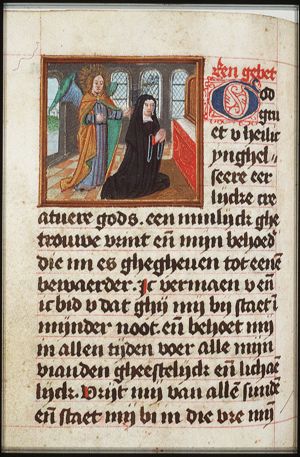 A nun at prayer (female donor?), with guardian angel
