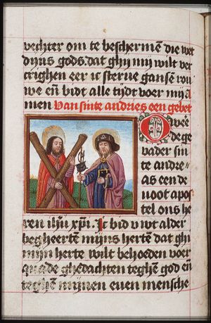 St. Andrew holding the X-shaped cross, and St. James the Great holding a book and a staff with a pilgrim's bag