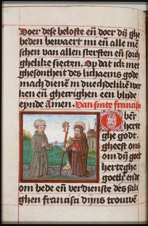 St. Francis of Assisi showing his stigmata, and St. Antony Abbot of Egypt holding a staff and a bell, with a pig