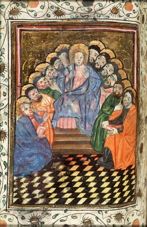 Pentecost: the Holy Spirit descends upon Mary and the apostles