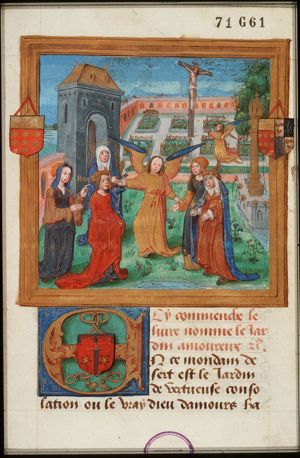Hortulus Animae with Crucifixion; 2 coats of arms fastened on miniature-frame