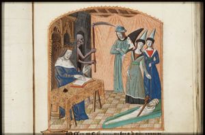 René d'Anjou reading the 'Complaints contre la Mort' of his court jester Triboulet; deceased Triboulet laying in his coffin, with mourning onlookers and Death appearing