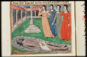 Court jester Triboulet laying in his grave, mourned by four ladies