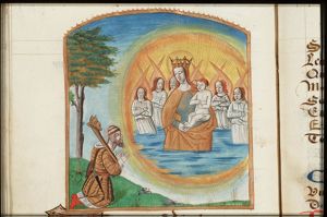 Court jester Triboulet kneels before Mary and the Christ-child surrounded by angels