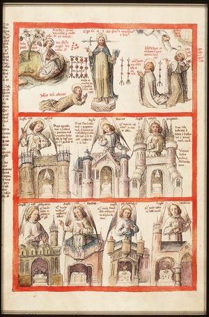The Evangelist St. John on Patmos; Christ between seven candlesticks appears to St. John, who falls to the ground: a sword is behind Christ's head and he holds seven stars and two keys in his hands; St. John adores Christ; An angel sent by Christ appears to St. John (1st of 3)