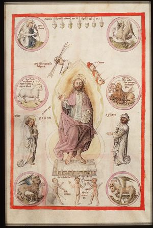 Throne of God: Christ enthroned, surrounded by the four Beasts, Agnus Dei and the lion of Judah, St. John and an elder#, three innocents, seven lamps as the seven spirits of God, thunderbolts and thunder