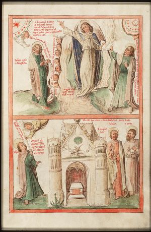 St. John and the angel with the little open book in his hands; a voice from heaven orders St. John to seal the words of the seven Thunders (represented as heads) (1st of 2)