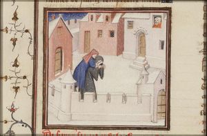 The Emperor Henry III watches a nun carry a cleric through the snow