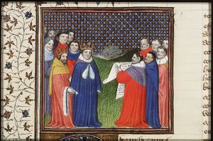 Charles V, king of France, and Charles II, king of Navarre, conclude peace