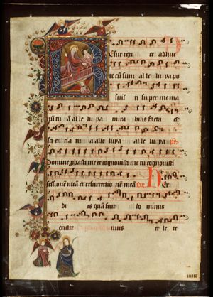 The Resurrection: Christ steps out of his tomb, with an angel holding Instruments of the Passion: three nails