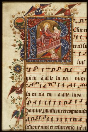 The Resurrection: Christ steps out of his tomb, with an angel holding Instruments of the Passion: three nails