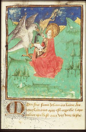The Evangelist St. John with his symbol the eagle on Patmos, the devil stealing the ink-well