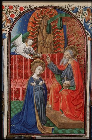 The coronation of Mary by an angel before God enthroned in heaven