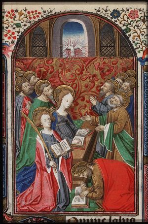 Pentecost: the Holy Spirit descends upon Mary and the apostles