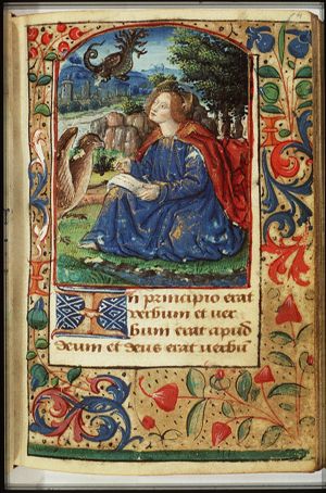 The Evangelist St. John writing on the isle of Patmos, with his symbol the eagle on Patmos: vision of the dragon with seven heads